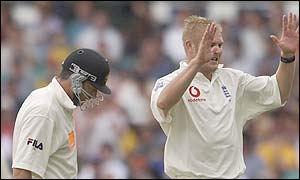 Steve Waugh fails to add to his overnight total as Matthew Hoggard celebrates dismissing him