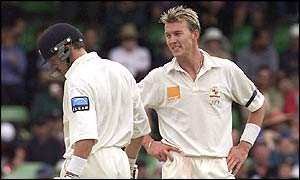Lee eyeballs Lou Vincent during the third Test against New Zealand in Perth, 2001
