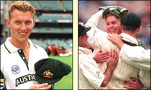 Australian fast bowler Brett Lee in action on his Test debut against India in 1999