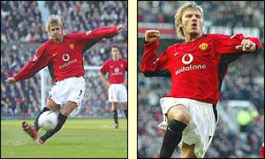 David Beckham scores from a free-kick for Man Utd