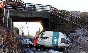 The van crashed off the A59 near York and landed on a railway track 