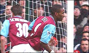 Jermain Defoe wheels away after scoring the equaliser for West Ham against Nottingham Forest
