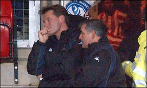 Spurs boss Glenn Hoddle and assistant John Gorman contemplate defeat at St Mary's