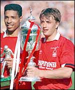 Matchwinner Nigel Jemson shows off the Littlewoods Cup after Nottingham Forest's 1990 Wembley win