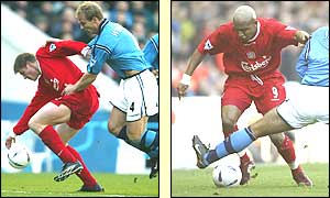 Neil Mellor and El-Hajdi Diouf of Liverpool try and break forward