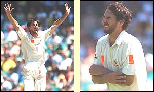 Jason Gillespie celebrates taking the wicket of John Crawley but is later forced to leave the field after injuring his elbow