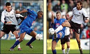 Steve Finnan tackles Clinton Morrison and Martin Grainger tussles with Sylvain Legwinski 