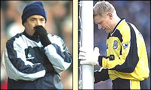Manchester City boss Kevin Keegan looks thoughtful as Peter Schmeichel leans his head against a post