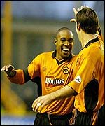 Wolves captain Paul Ince celebrates with Paul Butler