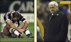 Alan Shearer sits alone on the pitch and manager Bobby Robson grimaces following Newcastle's defeat