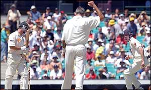 Soon after the dismissal of Andy Bichel Australia suffer the loss of skipper Steve Waugh after he is bowled by Andrew Caddick