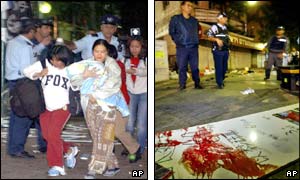 A group of women are directed out of the area (l), and blood, a legacy of the attack (r)