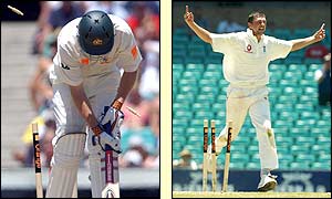 Martin Love hangs his head after being bowled by Steve Harmison as the Englishman celebrates