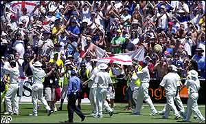 The Barmy Army celebrate England's rare win on Australian soil at the Sydney Cricket Ground