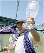 Steve Waugh holds the replica Ashes aloft
