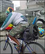 Hirut Gedlu on her bicycle in Addis Ababa 