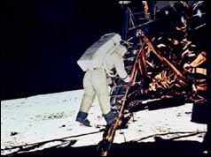 Photograph Of Edwin Aldrin stepping onto the moon from the Eagle landing craft