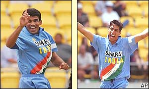 Zaheer Kahn and Ashish Nehra of India celebrate taking New Zealand wickets