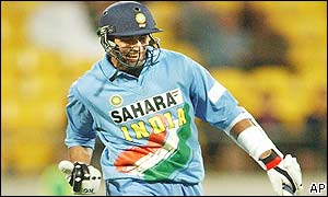 Zaheer Kahn of India celebrates hitting the winning runs against New Zealand