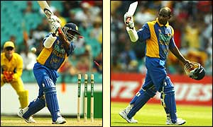 Jayasuriya is bowled by Australia's Shane Watson for 122, and leaves the field to applause