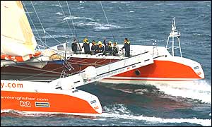 Ellen MacArthur and crew on board Kingfisher 2 preparing for the start of the Jules Verne round-the-world race - Copyright Jacques Vapillon