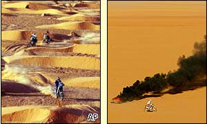 Nani Roma of Italy leads the way as Belgian Jean-Marc Warrant's bike burns in the eighth leg 