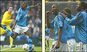 Shaun Goater scores for Man City against Leeds and celebrates with Marc Vivien Foe
