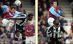 Lee Bowyer of West Ham challenges Newcastle's Olivier Bernard