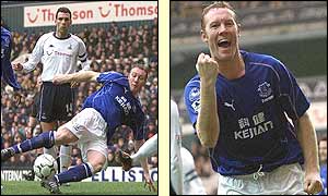 Steve Watson scores and celebrates his equaliser for Everton