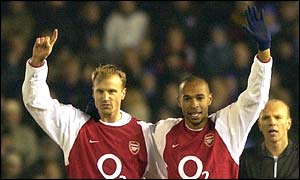 January 2003 - Thierry Henry and Dennis Bergkamp celebrate Henry's landmark 100th goal against Birmingham