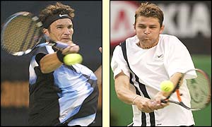 Carlos Moya and Mardy Fish in action at the Australian Open
