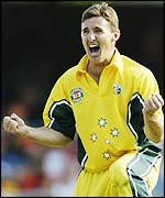 Brad Hogg celebrates a wicket for Australia