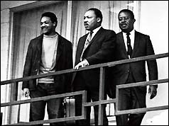 Rev. Martin Luther King Jr. (centre) on the balcony of the Lorraine Motel in Memphis, Tenn., the day before his assassination 