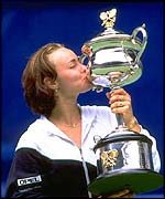 Hingis celebrates her victory in the 1999 Australian Open