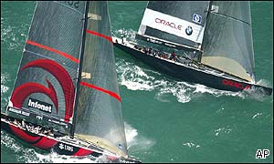 Alinghi draw first blood, dominating the first race to win by a minute and 24 seconds