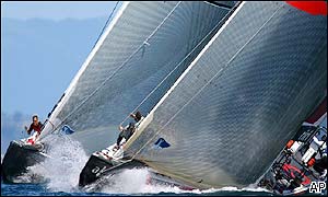 Alinghi beat Oracle to the line by only one second to take a 3-0 overall lead in the final