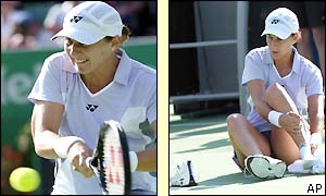 Monica Seles in action and nursing an injured ankle during her loss to Klara Koukalova