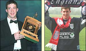 Robbie Fowler receives his PFA Young Player of the Year award in 1996 and is called up for England