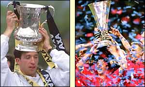 Robbie Fowler with the FA Cup and lifting the Uefa Cup