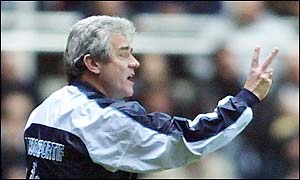 Man City boss Kevin Keegan urges his side on from the touchline