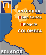 Map of Colombia showing Bogota and San Carlos in Antioquia