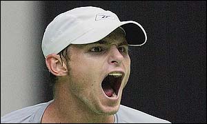 America's Andy Roddick shows his delight at beating Mikhail Youzhny 