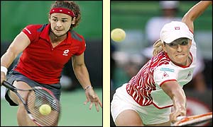 Virginia Ruano Pascual and Justine Henin-Hardenne reach for shots during a one-sided first set, won by Henin