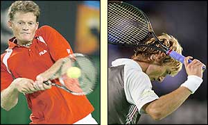 Wayne Ferreira hits a forehand as Juan Carlos Ferrero shows his frustration at losing