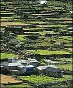 Valley beneath Imja glacier lake in eastern Nepal