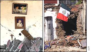 Family pictures remain hanging on the walls of one collapsed house (left); a Mexican flag remains outside another