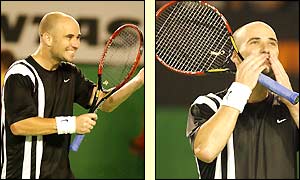 Title favourite Agassi shows his joy at reaching the final for a fourth time and blows kisses to the crowd