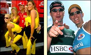 Irvine poses with models; a frequent scene throughout his racing career