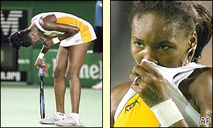 Venus Williams looks upset as she loses to her siister Serena
