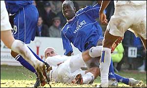 Mamady Sidebe scores the equaliser against Leeds